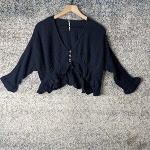 Free People Sweater Womens Extra Small Black Cropped Cotton Button Up Boho Top